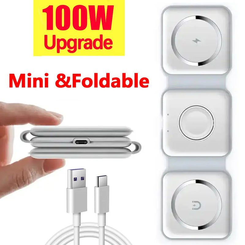 Suporte dobrável para carregador sem fio, 100w, 3 em 1, para iphone 15, 14, 13, 12pro max, airpods, iwatch, estação doca de carregamento rápido sem fio