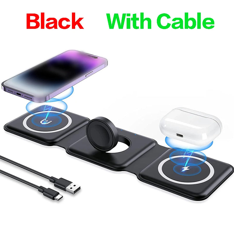 Suporte dobrável para carregador sem fio, 100w, 3 em 1, para iphone 15, 14, 13, 12pro max, airpods, iwatch, estação doca de carregamento rápido sem fio